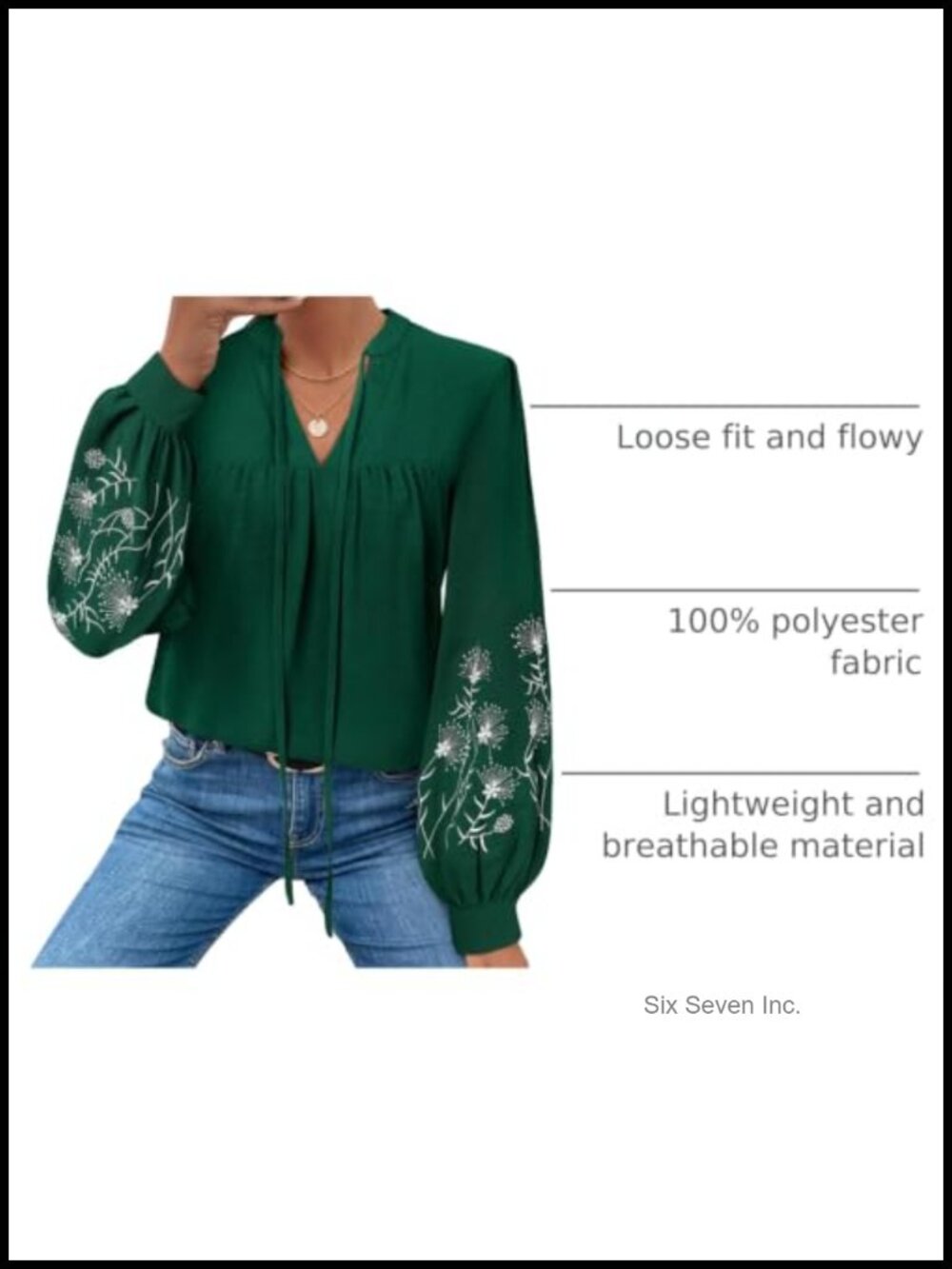 Floral Embroidered Boho Peasant Blouse Long Sleeve V-Neck - Picture 3 of 6